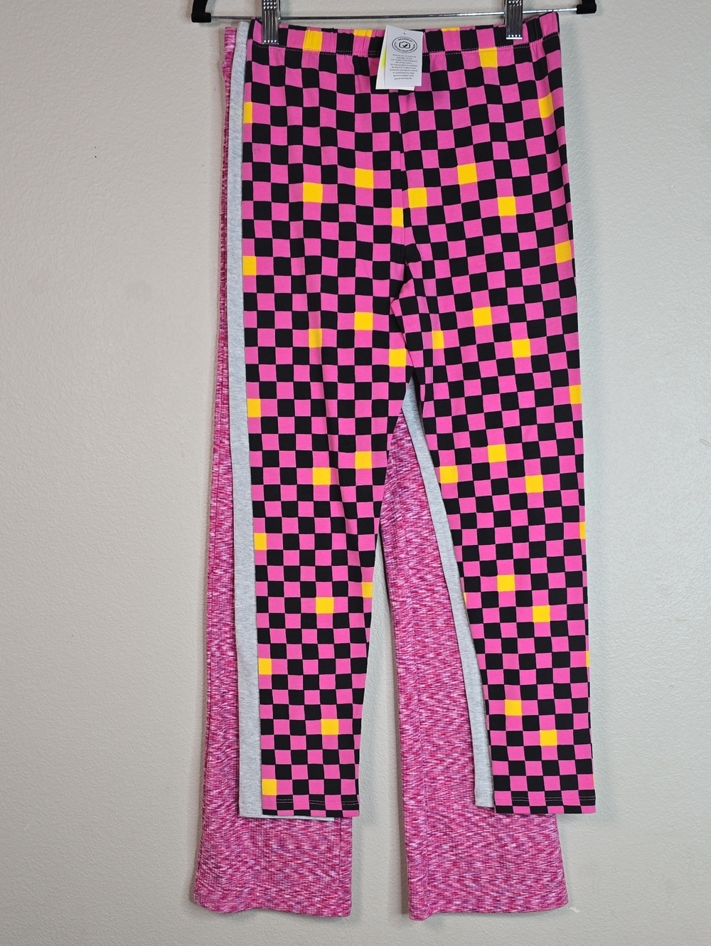 Bundle Of 3 Girls Pink & Black Checkerboard Leggings with Yellow Accents 14/16.